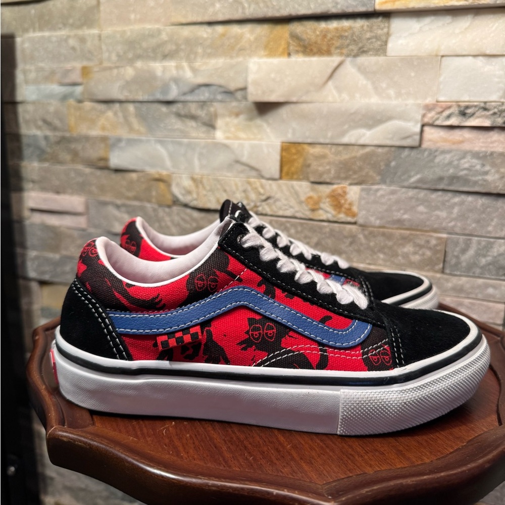 Men’s Sz 4 Vans Pop Cush Skateboarding Red Blue Black Suede Shoe Sneaker EUC